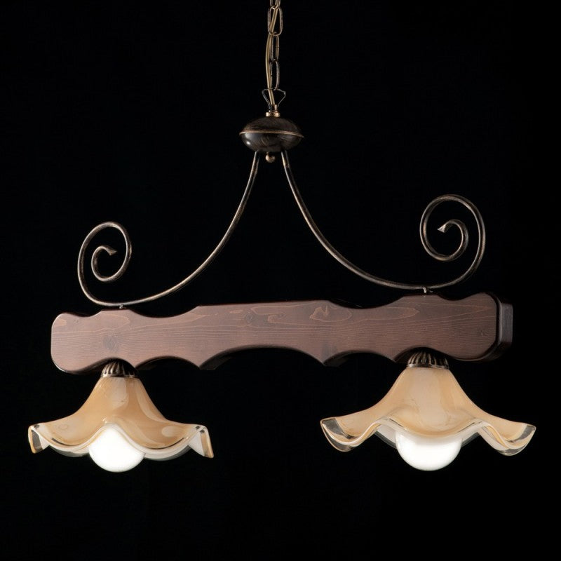 Antiker Kronleuchter aus Walnussholz und Eisen mit zwei Lichtern, Glaslampenschirmen 88 x H50 cm