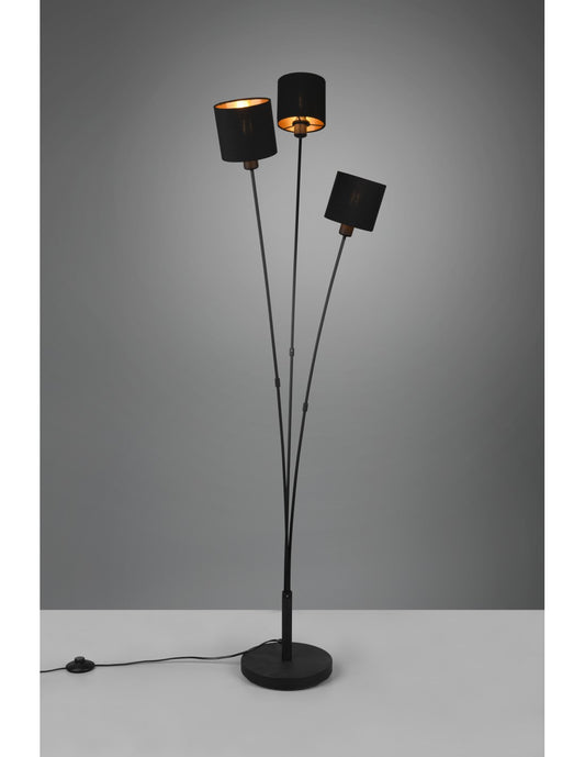 Tommy Stehlampe 3 Lampenschirme Schwarz und Gold Stoff Trio Beleuchtung