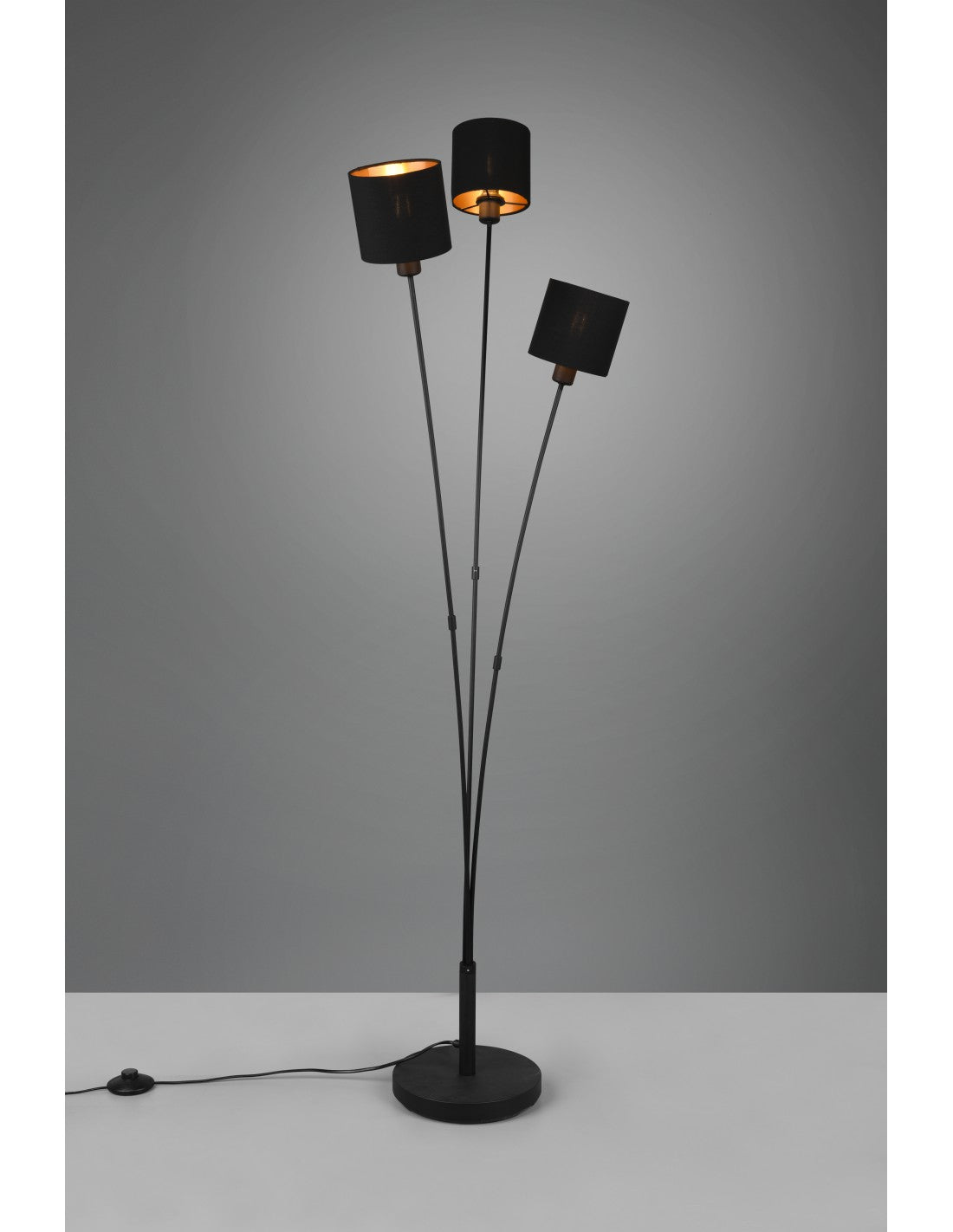 Tommy Stehlampe 3 Lampenschirme Schwarz und Gold Stoff Trio Beleuchtung