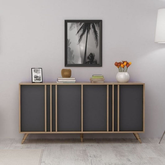 4-türiges Sideboard aus anthrazitfarbenem Walnussholz, 160 x 40 x 79 cm