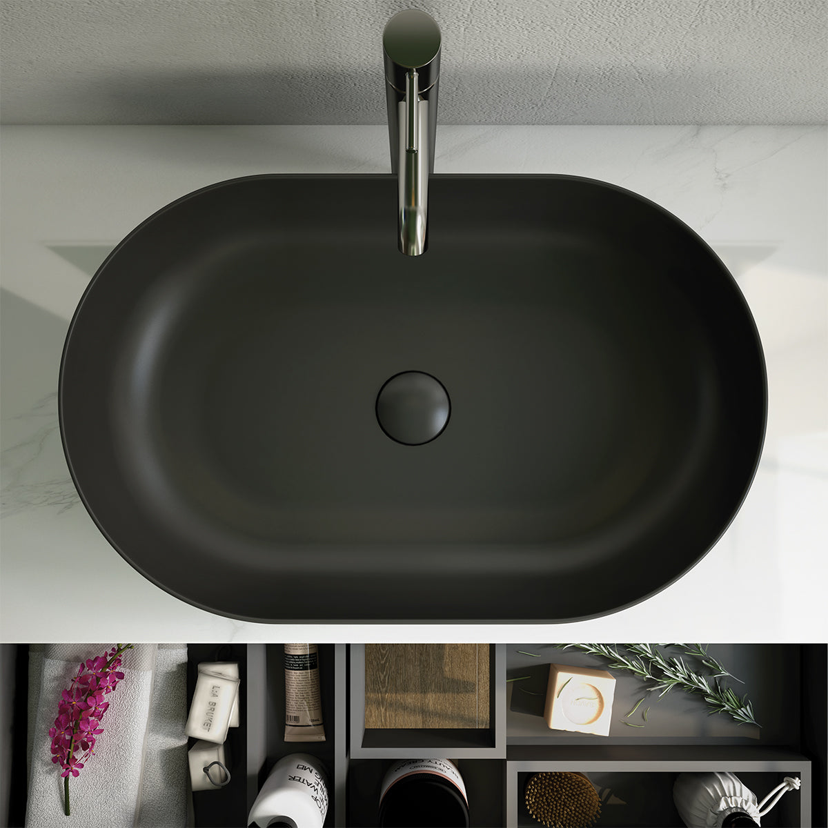 Feeling-Weiß-ovale-Schwarze-Schwarze-Waschbekleidung