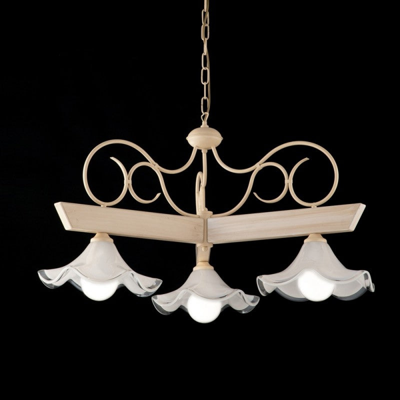 Kronleuchter aus elfenbeinfarben lackiertem Holz und Eisen mit gebeiztem Dekor, 3 Lichter mit Glasplatte