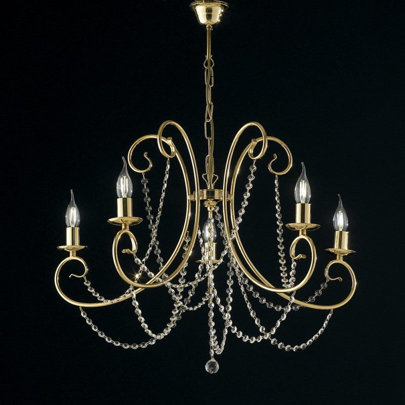 Fünfflammiger Kronleuchter aus goldenem Eisen mit Strasssteinen, 68 x H55 cm
