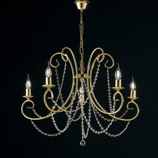 Fünfflammiger Kronleuchter aus goldenem Eisen mit Strasssteinen, 68 x H55 cm