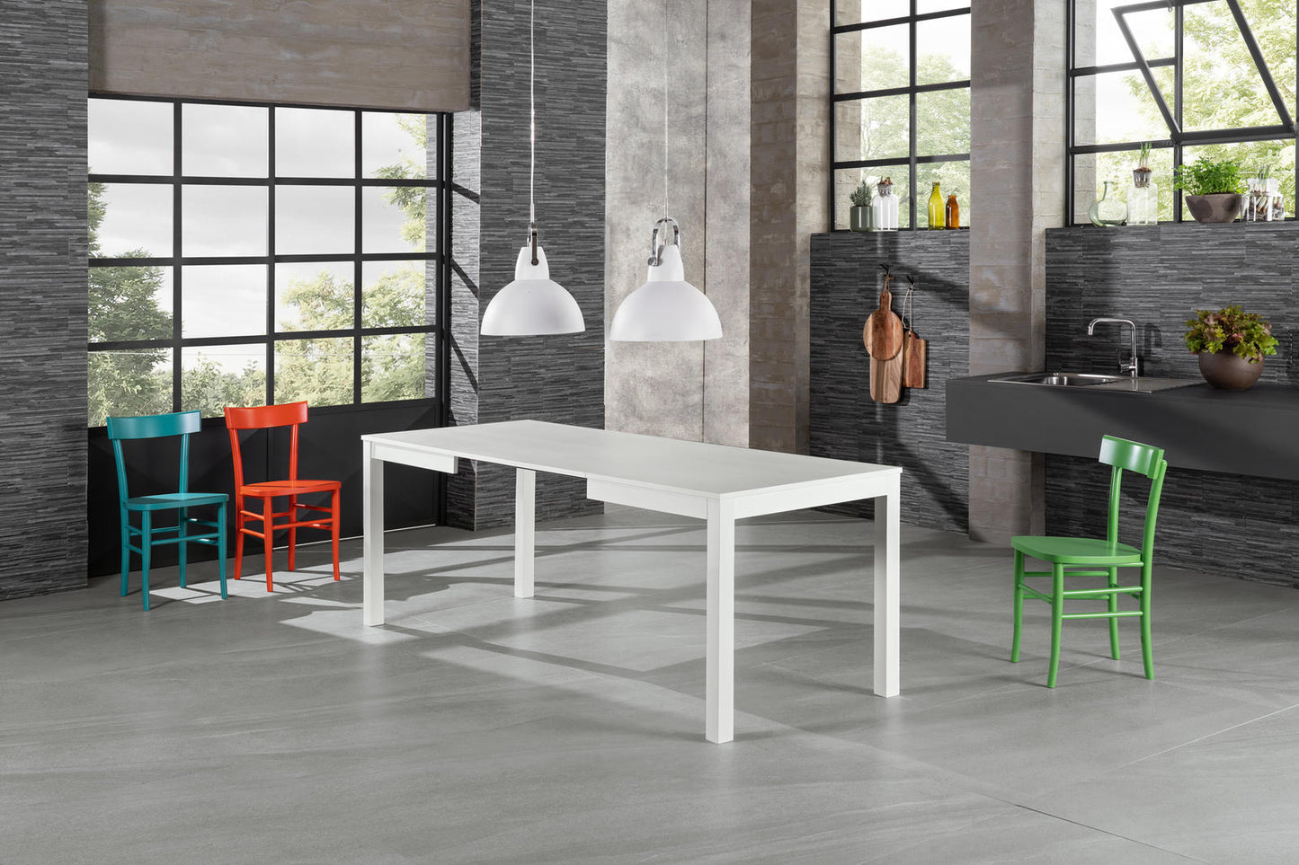 Ausziehbarer Tisch aus weißem Melamin 130/210x80x76h cm