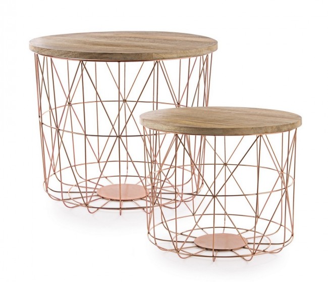 Set aus 2 Couchtischen mit Behälter und Kupfergeflecht