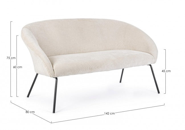 Aiko Velvet Sofa aus weißem Samtstahl, 142 x 80 x 75 cm