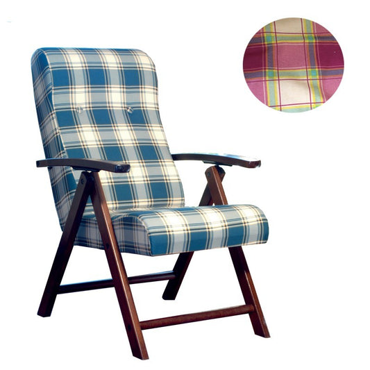 Verstellbarer Sessel in 4 Positionen aus Holz und bordeauxrot kariertem Stoff, 65 x 70 x H. 87 cm