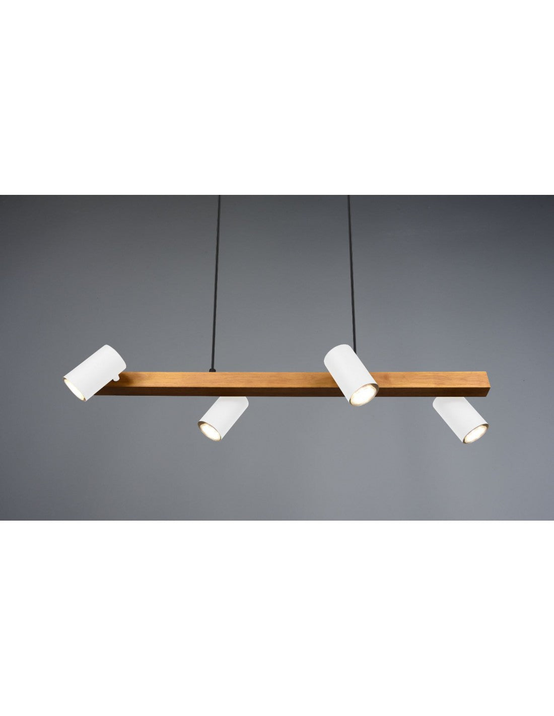 Lineare Hängelampe aus Holz mit 4 verstellbaren zylindrischen Spots, weiß, Marley Trio Lighting