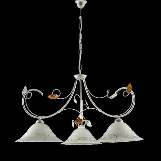 Weißgoldener Küchenkronleuchter aus Eisen mit drei Lichtern. Weiß 79 x H54 cm