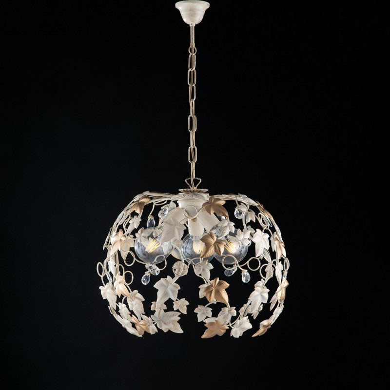 Hängeleuchter aus Eisen, Elfenbeingold und Strasssteine, drei Lichter, 50 x H45 cm, Efeu
