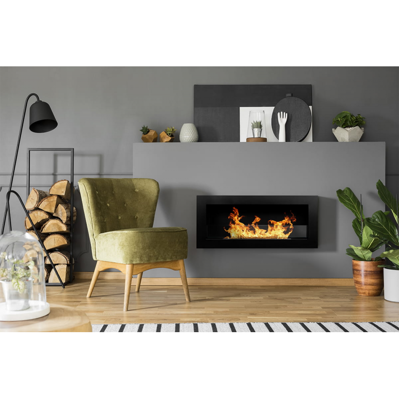 Wand- oder Einbau-Bioethanolkamin Livorno Nero L 90 x T 12 x H 40 mit Glas