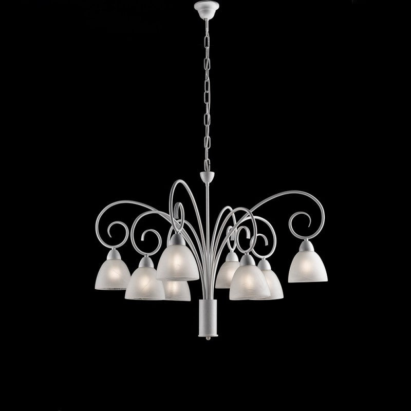 Weißer Shabby-Kronleuchter aus Eisen mit Lampenschirmen aus weißem Alabasterglas, acht Lichter, 81 x 58 cm