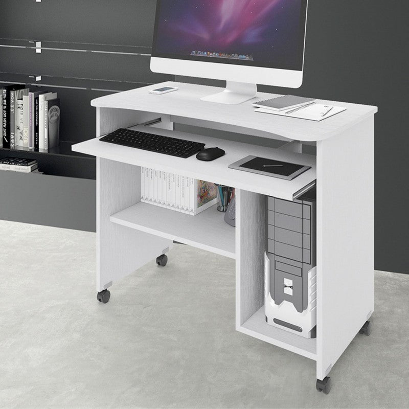 Weißer Computerständer mit Rädern aus Melaminholz, H. 76 x 93 x 48,5 cm