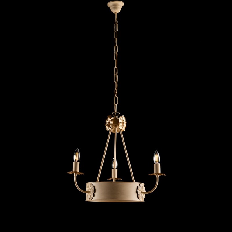 Elfenbeinfarbener Decape-Kronleuchter aus Eisen mit Empire-Gold-Finish, drei Lichter, 44 x H48 cm