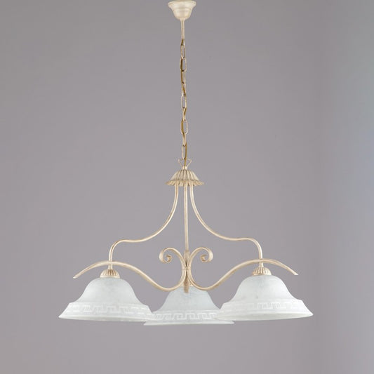 Klassischer Eisenkronleuchter Elfenbein Gold Gläser Weiß drei Leuchten 30x h53 cm