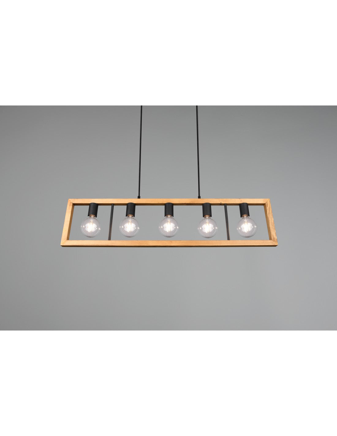 Kronleuchter Agra Käfig Rechteckiges Holz 5 Lichter Naturholz und schwarze Trio Beleuchtung