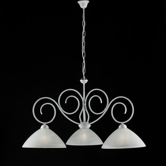 Weißer Shabby-Kronleuchter aus Eisen mit drei Lichtern und weißen Glaslampenschirmen, 78 x H54 cm