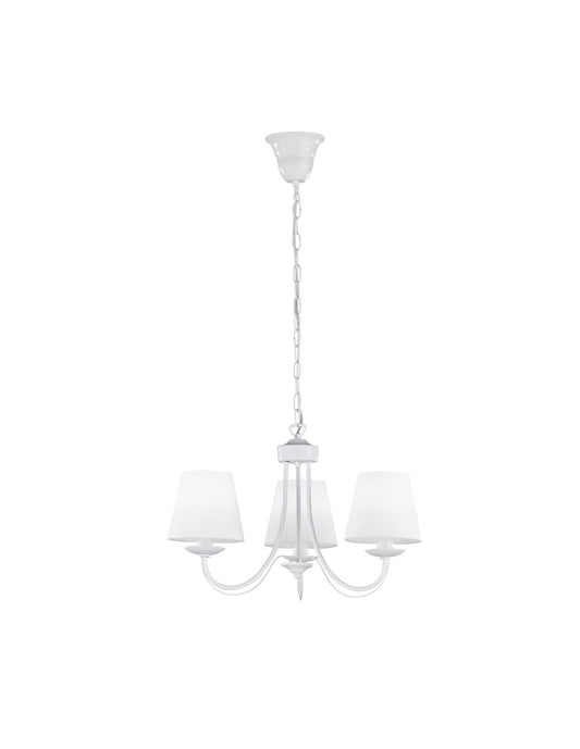 Zeitgenössischer Kronleuchter aus weißem Metall, 3 Lampenschirme aus Stoff, Cortez Trio Lighting
