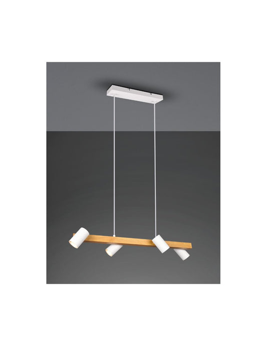 Lineare Hängelampe aus Holz mit 4 verstellbaren zylindrischen Spots, weiß, Marley Trio Lighting