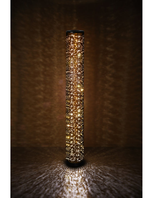 Stehlampe, schwarz-goldener Stoff, LED-Zylinder, Sterneffekt, Vintage-Taco-Trio-Beleuchtung
