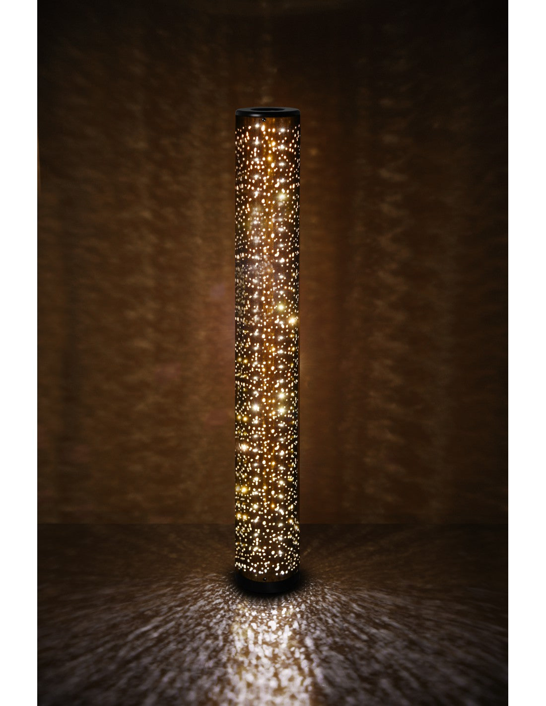 Stehlampe, schwarz-goldener Stoff, LED-Zylinder, Sterneffekt, Vintage-Taco-Trio-Beleuchtung