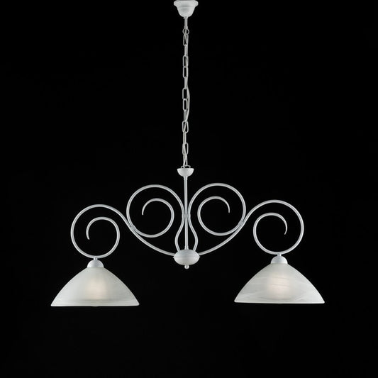 Shabby-Kronleuchter aus weißem Eisen mit zwei Lichtern, Lampenschirme aus weißem Glas, 99 x H52 cm