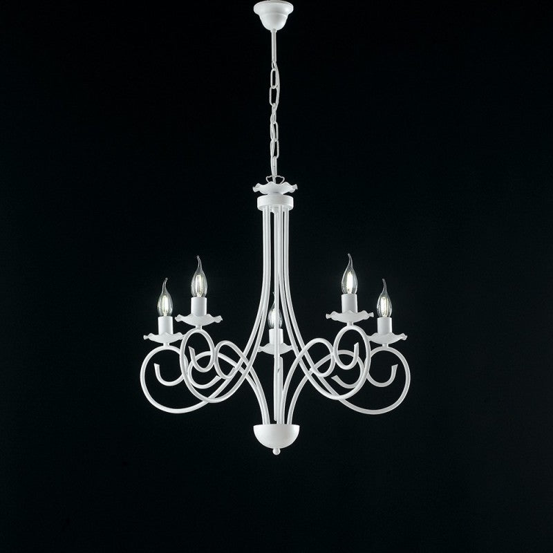 Weißer Shabby-Hängeleuchter aus Eisen mit fünf Lichtern, 57 x H60 cm