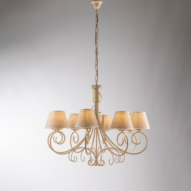 Wiener Kronleuchter aus Eisen, Elfenbeingold, acht Lichter, Lampenschirme mit Stoffeffekt, 78 x H 63 cm