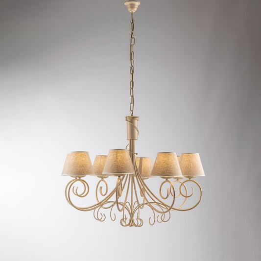 Wiener Kronleuchter aus Eisen, Elfenbeingold, acht Lichter, Lampenschirme mit Stoffeffekt, 78 x H 63 cm