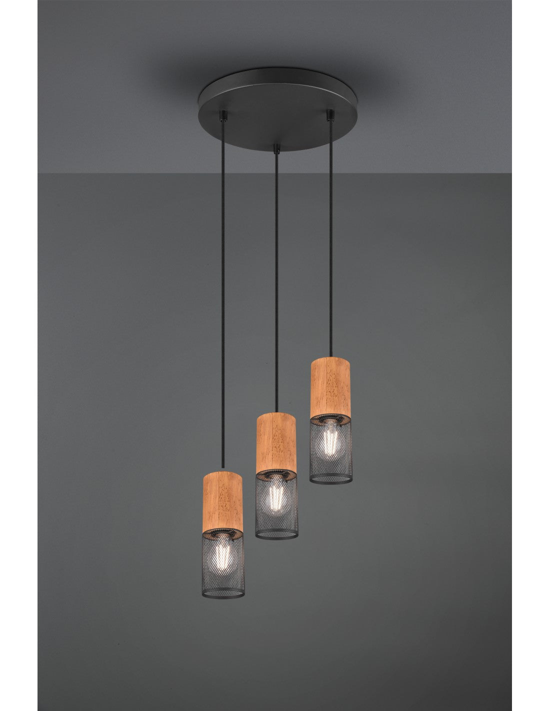 Tosh Pendelleuchte Schwarz 3xE27 Holz- und Metallkäfig Ø28 cm Trio-Beleuchtung
