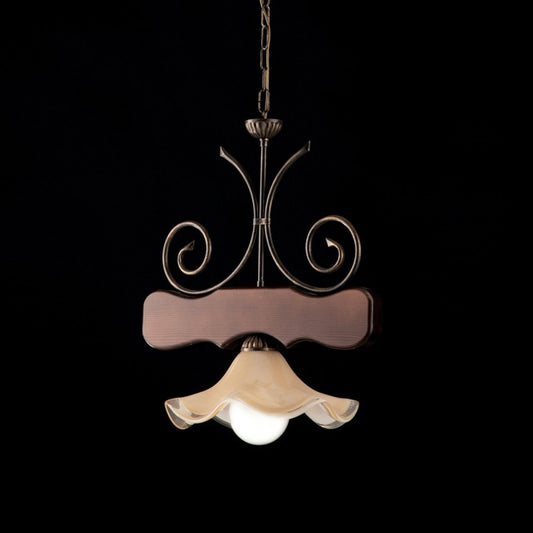 Antiker Kronleuchter aus Walnussholz und Eisen, ein Lampenschirm aus Glas, 43 x 48 cm hoch