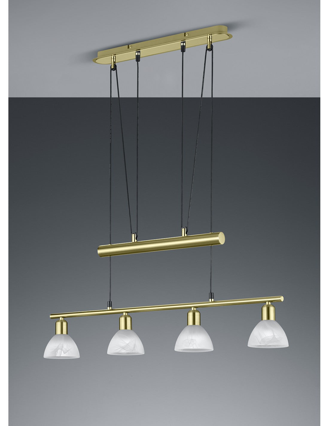 Messing-Kronleuchter Up and Down Barbell 4 Glaslampenschirm Levisto Trio Lighting