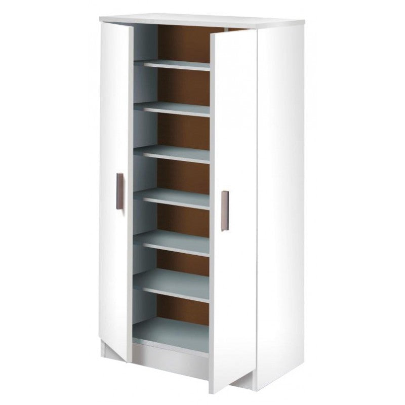 Mobiles, platzsparendes Schuhregal mit sechs weißen Regalböden