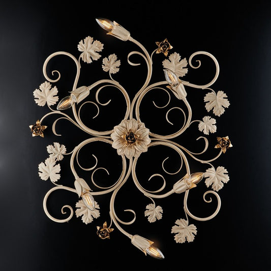 Deckenleuchte aus Eisen, elfenbeinfarben, roségold gebeizt, sechs Lichter, 79 x 67 x 17 cm