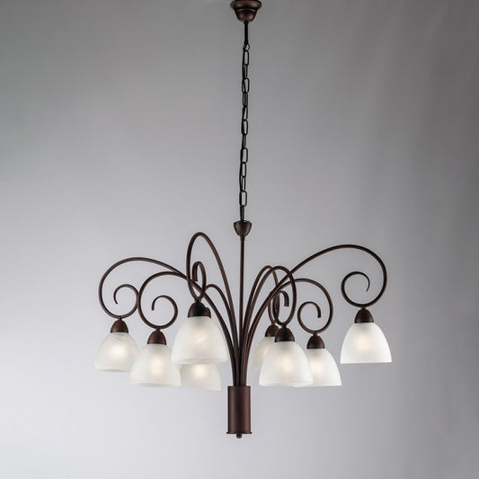 Eisen Kronleuchter Schwarz Rostglas Lampenschirme Weiß acht Leuchten 81x h58 cm