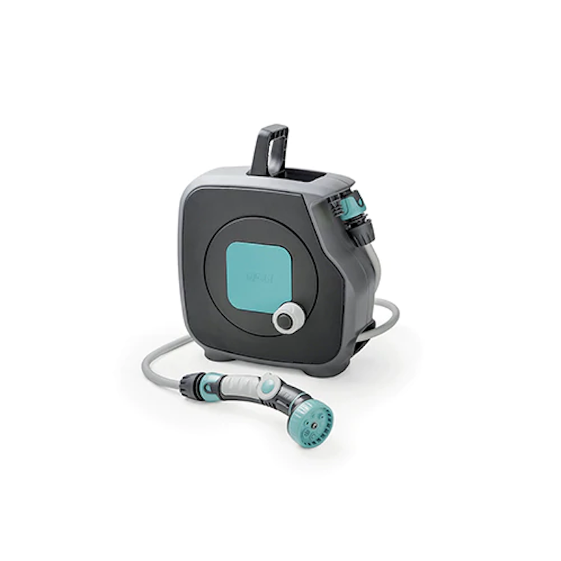 Hellblauer Mini-Schlauchaufroller im „Aquabag-Stil“.