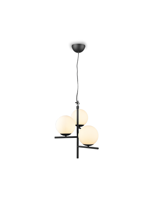 Schwarzer Hängeleuchter mit 3 weißen Glaskugeln Pure Trio Lighting