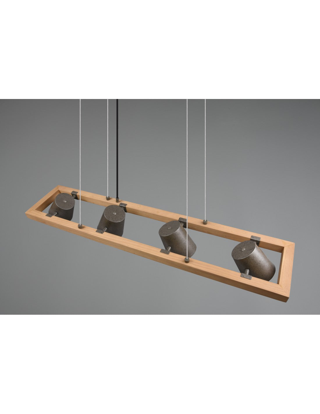 Rechteckiger hängender Kronleuchter mit 4 verstellbaren Spots aus Holz und vernickeltem Metall. Glocken-Trio-Beleuchtung