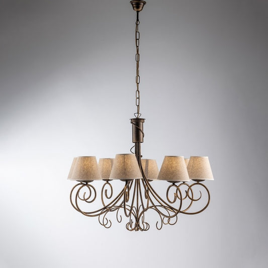 Wiener Kronleuchter, Braungold, acht Lichter, Lampenschirme mit Stoffeffekt, 78 x H63 cm