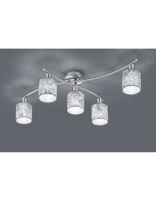 Deckenleuchte Garda Nichel, 5 Lampenschirme aus silbernem Stoff, L75 cm, Trio-Beleuchtung