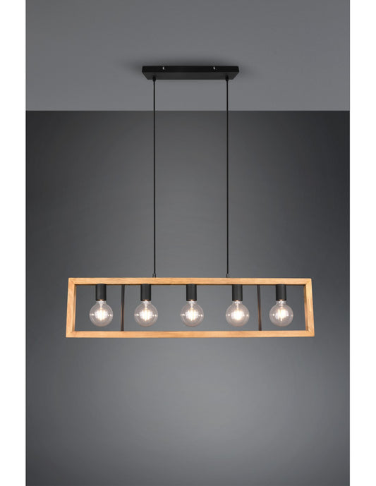 Kronleuchter Agra Käfig Rechteckiges Holz 5 Lichter Naturholz und schwarze Trio Beleuchtung