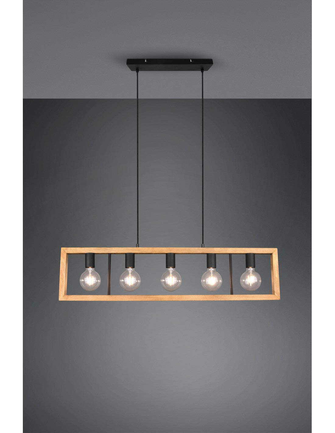 Kronleuchter Agra Käfig Rechteckiges Holz 5 Lichter Naturholz und schwarze Trio Beleuchtung