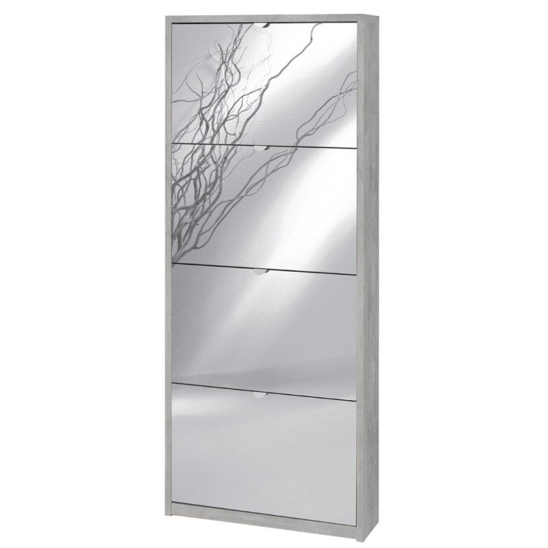 Schlankes, platzsparendes Schuhregal mit vier Spiegeltüren Beton Cemento 63x18x h154 cm