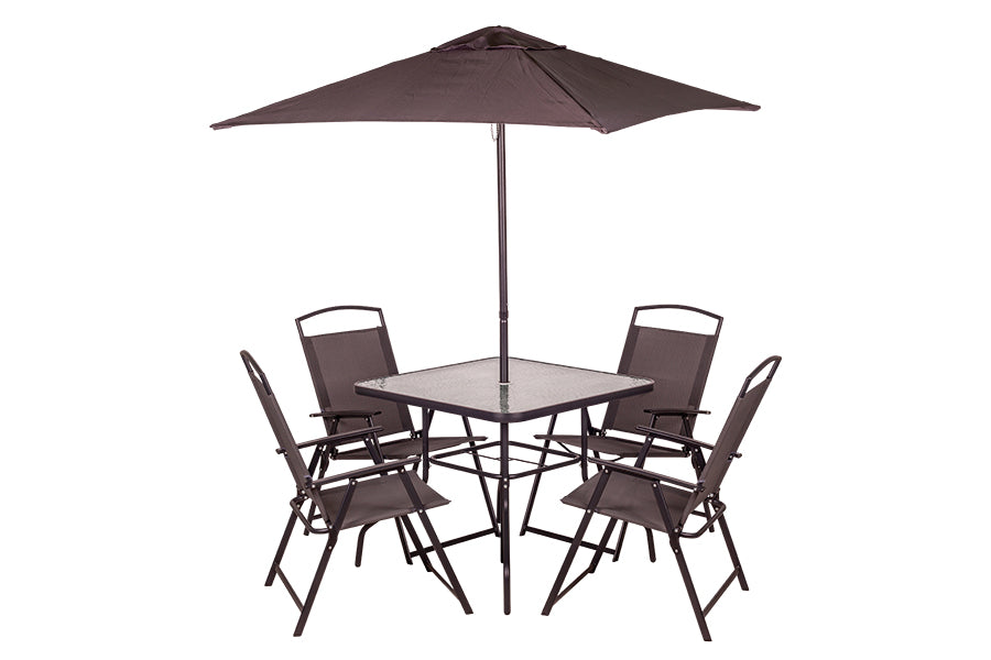 6er-Set, 4 Stühle, Tisch und Sonnenschirm und grauer Sonnenschirm 165X65X112