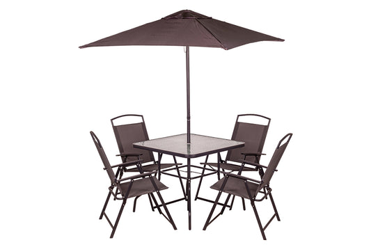 6er-Set, 4 Stühle, Tisch und Sonnenschirm und grauer Sonnenschirm 165X65X112