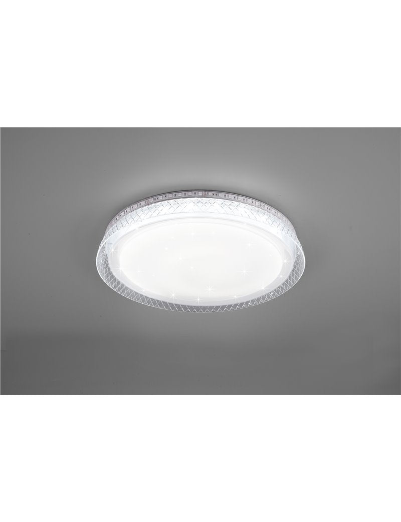 LED-Deckenleuchte Thea mit weißem Diffusor mit Sterneneffekt und transparentem Rand mit RGB-Hintergrundbeleuchtung und Multifunktionsfernbedienung