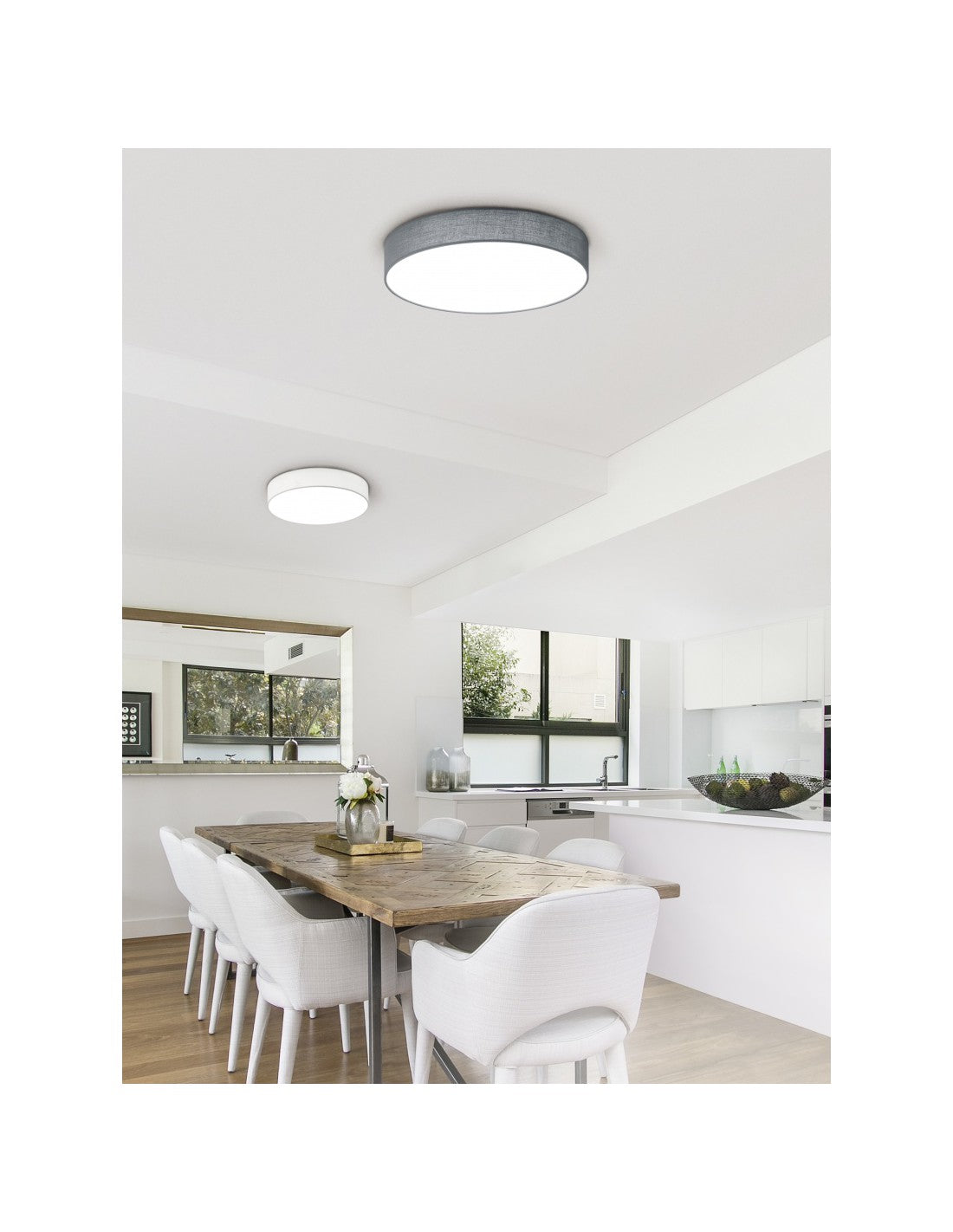 LED-Deckenleuchte mit Dimmer, Farbwechsel, Lugano, weißer Stoff, Ø60 cm, Trio-Beleuchtung