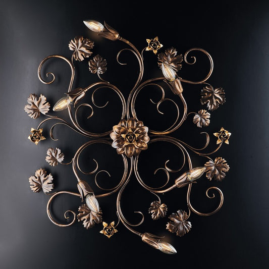Eisenrosetten-Deckenleuchte Braun Gold, sechs Lichter, 79 x 67 x H 17 cm