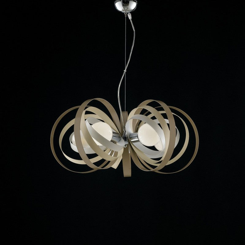 Kronleuchter aus weißem, taubengrauem Eisen, fünf Lichter mit Chromoberfläche, 62 x H30 cm